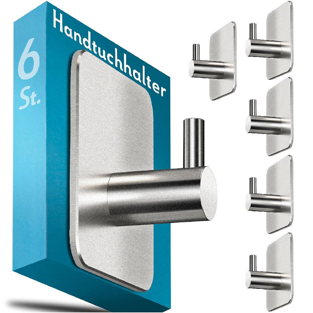 DLKJLK Menz Handtuchhalter ohne Bohren, 6 Stück - Edelstahl Badezimmer Handtuchhalter, wasserfeste Klebehaken, langlebige Haken fürs Bad, Haken selbstklebend, ideal als funktionale Handtuchhaken