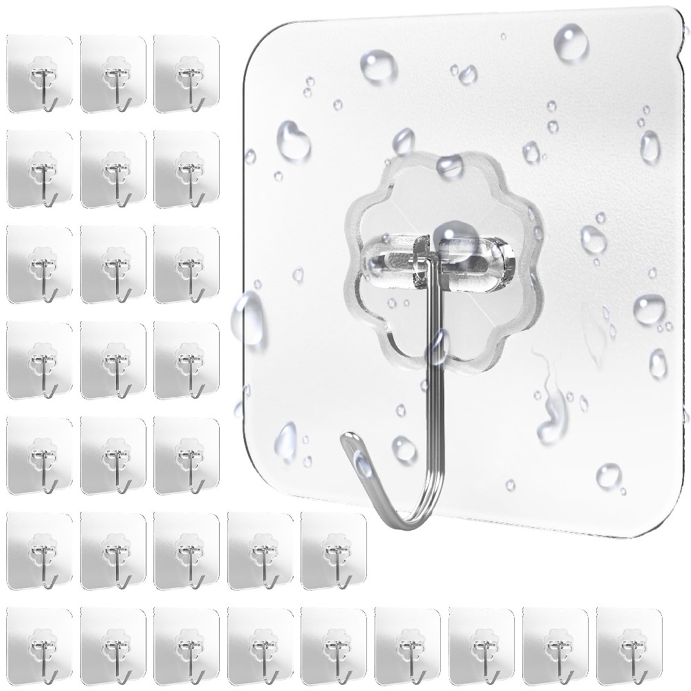 DLKJLK 4smile Klebehaken extra stark, 30 Stück, 10 kg Klebehaken outdoor wetterfest, wasserdichte Haken selbstklebend, Wandhaken selbstklebend, transparent - Decke und Wand, Mehrzweck für Küche, Bad